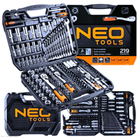 NEO TOOLS gola sada 1/2'' + 3/8'' + 1/4'' + očkoploché klúče, 219 dielna sada, 08-671